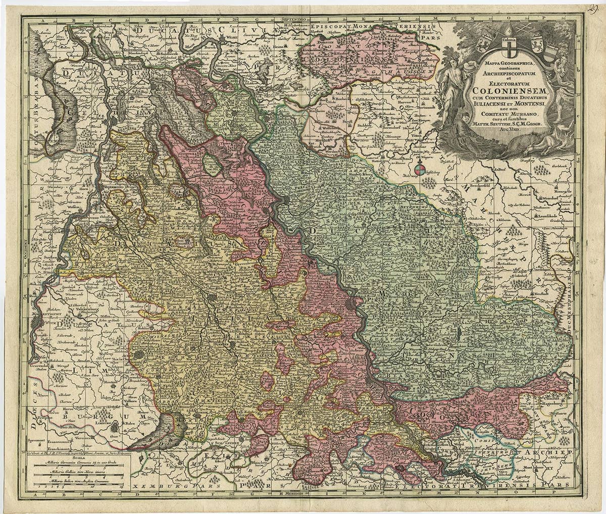 Old Map of the Rhine & German Cities Incl Düsseldorf, Bonn, Köln, Etc., c.1730