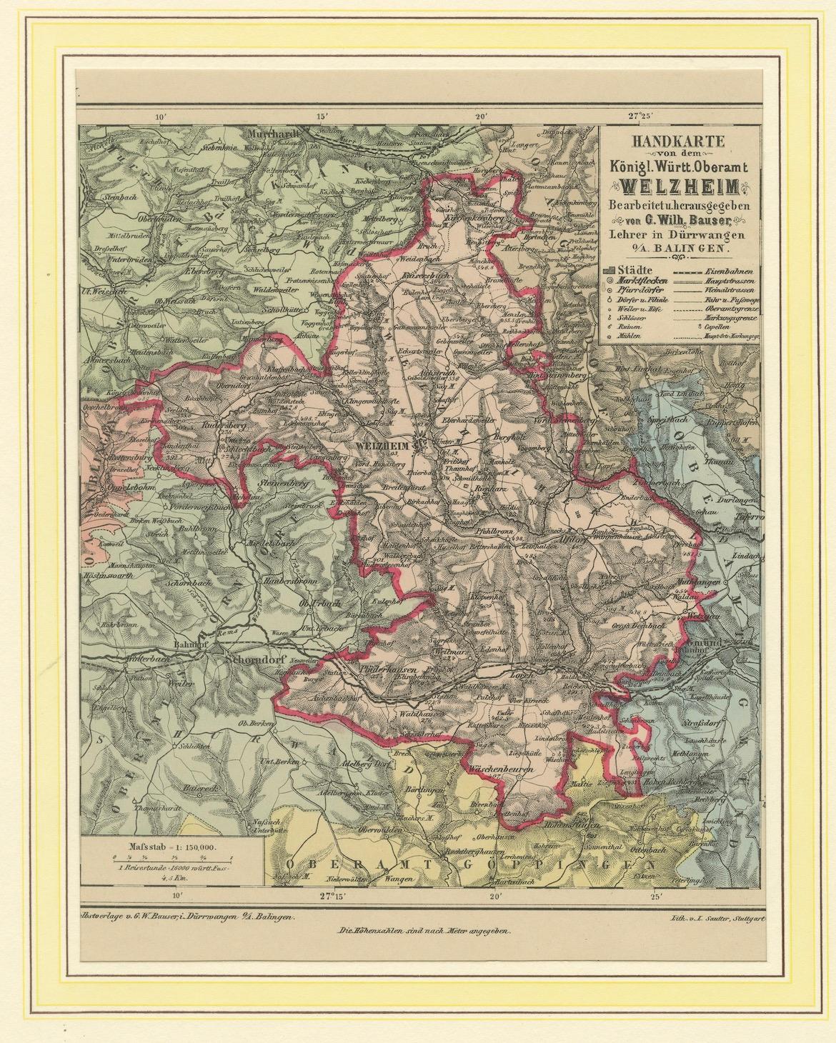 Il distretto reale del Württemberg di Welzheim si trova in Germania. Welzheim è una città del Baden-Württemberg, che storicamente faceva parte del Regno di Württemberg. La mappa riflette i confini amministrativi e geografici di questa regione alla