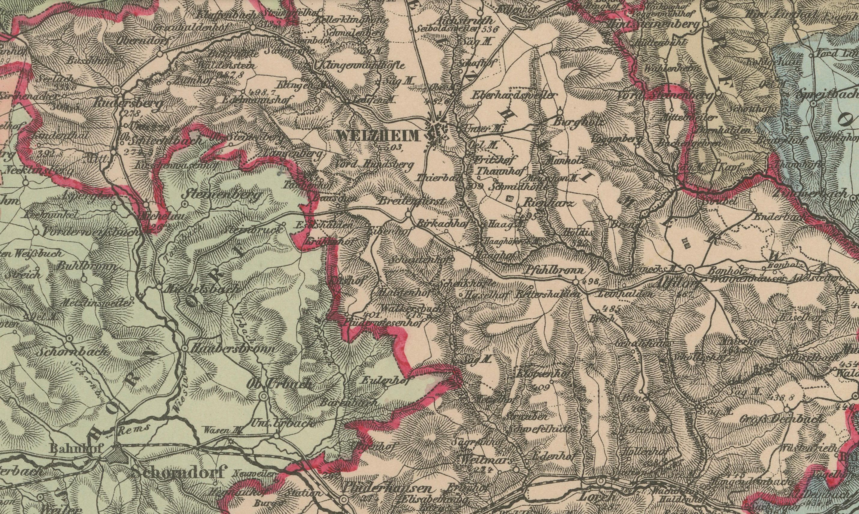 Mappa decorativa del distretto reale del Württemberg di Welzheim, Germania, 1880 ca. In condizioni buone in vendita a Langweer, NL