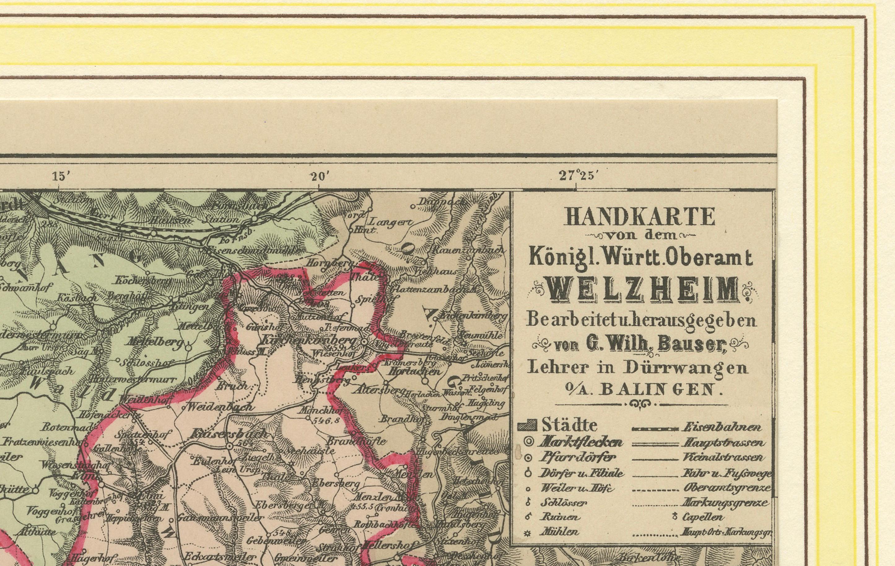 Fine XIX secolo Mappa decorativa del distretto reale del Württemberg di Welzheim, Germania, 1880 ca. in vendita