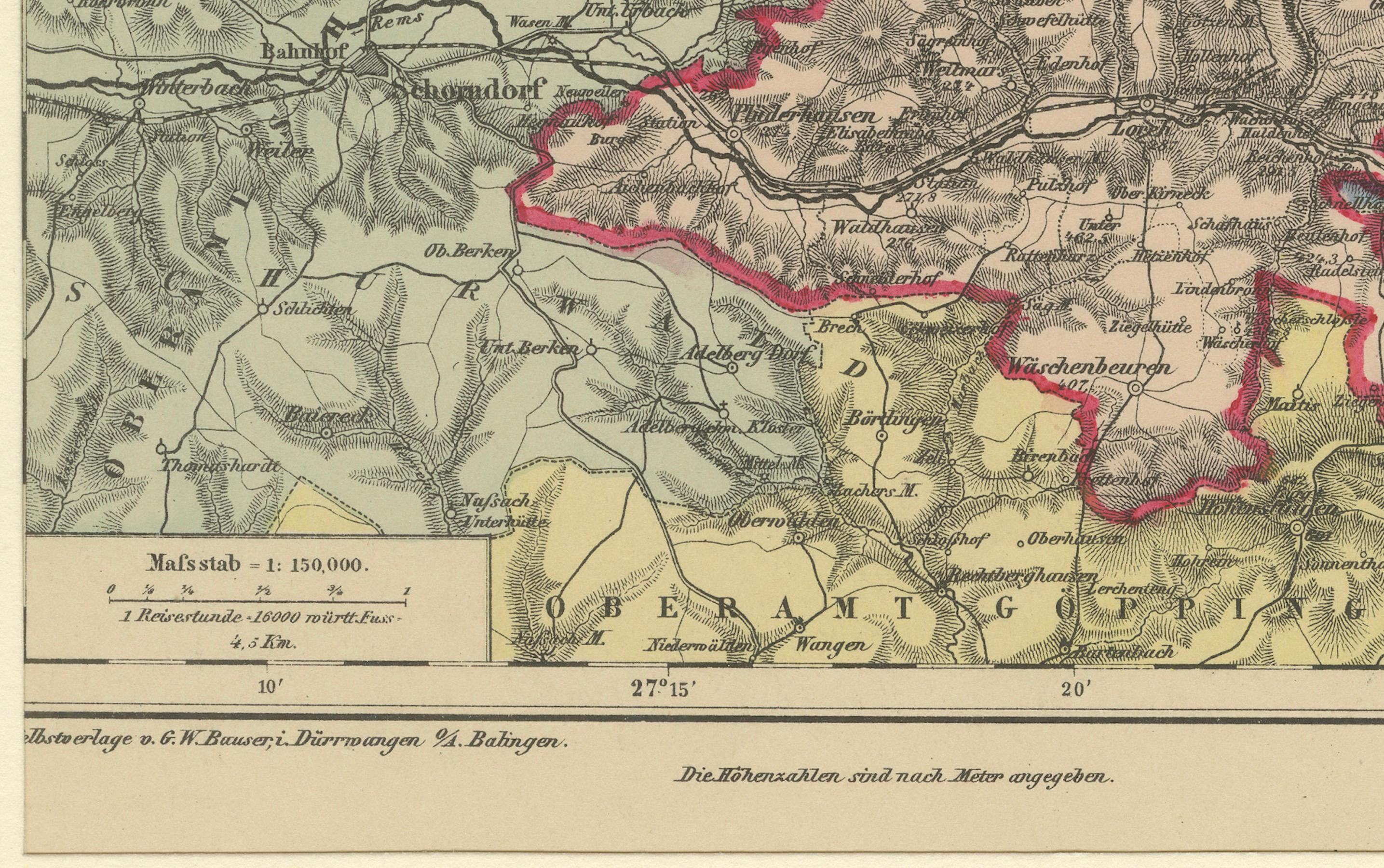 Carta Mappa decorativa del distretto reale del Württemberg di Welzheim, Germania, 1880 ca. in vendita