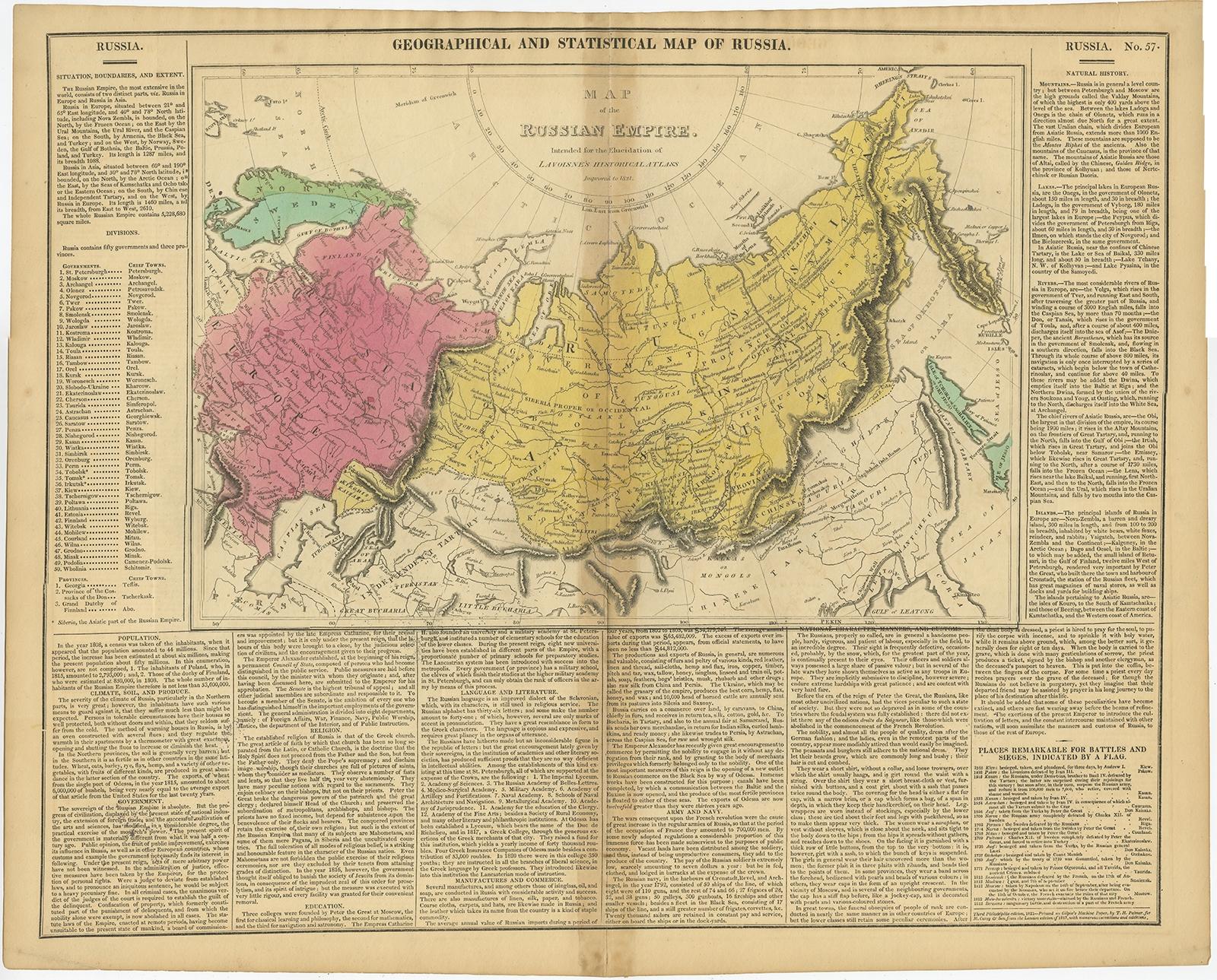 Antique map titled 'Geographical, Statistical and Historical Map of Russia'. 

Old map of the Russian Empire, encompassed on three sides by English language text. Originates from Lavoisne's 'Genealogical, Historical, Chronological & Geographical