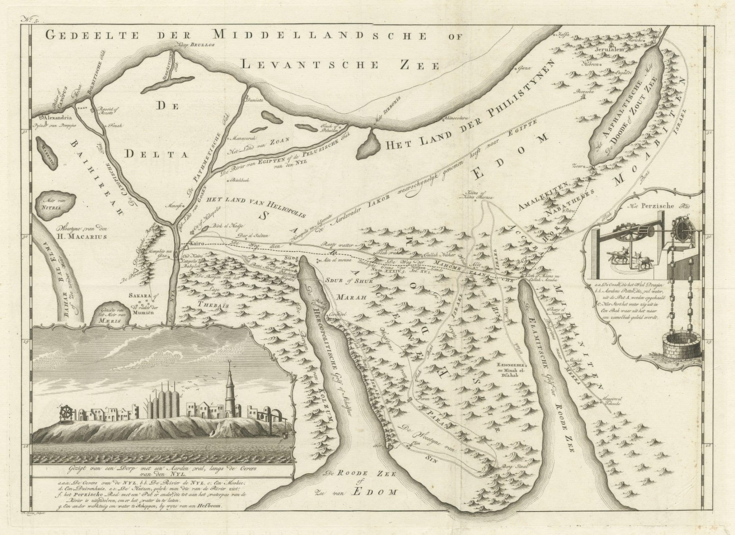 Mappa antica della penisola del Sinai che mostra il Mar Mediterraneo a nord e il Mar Rosso a sud. 

La mappa è decorata con immagini di una ruota persiana e una veduta di un villaggio vicino al fiume Nilo. Proviene dalla prima edizione olandese di