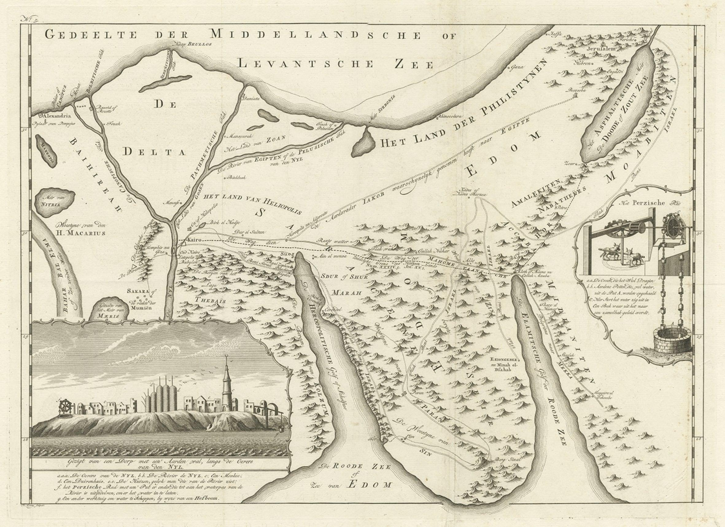 Antique map of the Sinai Peninsula showing the Mediterranean Sea to the north and the Red Sea to the south. 

The map is decorated with images of a Persian wheel and a view of a village near the Nile river. Originates from the first Dutch editon