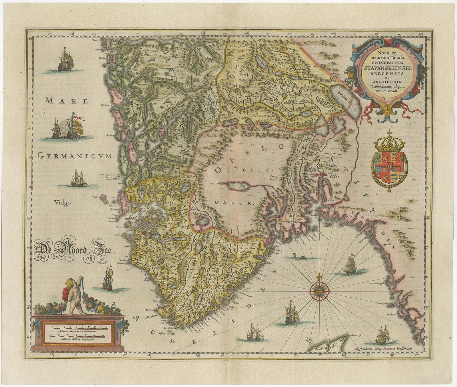 Antique map titled 'Nova et Accurata Tabula Episcopatuum Stavangriensis et Asloiensis'. 

Old map of the southern part of Norway, it covers the region around Bergen. Decorated with many ships and a compass rose. Source unknown, to be