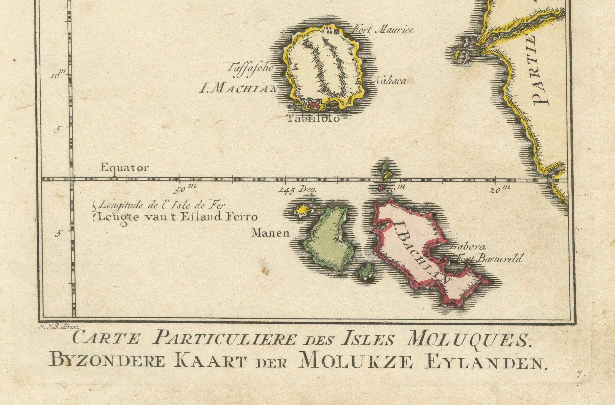 Titre :  1771 Jacques-Nicolas Bellin Carte des Moluques, les îles aux épices de l'Indonésie  

Description :  Cette carte finement gravée du XVIIIe siècle, intitulée Carte Particulière des Isles Moluques et Byzondere Kaart der Molukze Eylanden, a