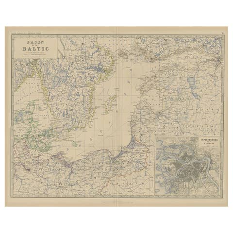 Old Map of the the Baltic Sea Region, Inset of St. Petersburg, 1882
