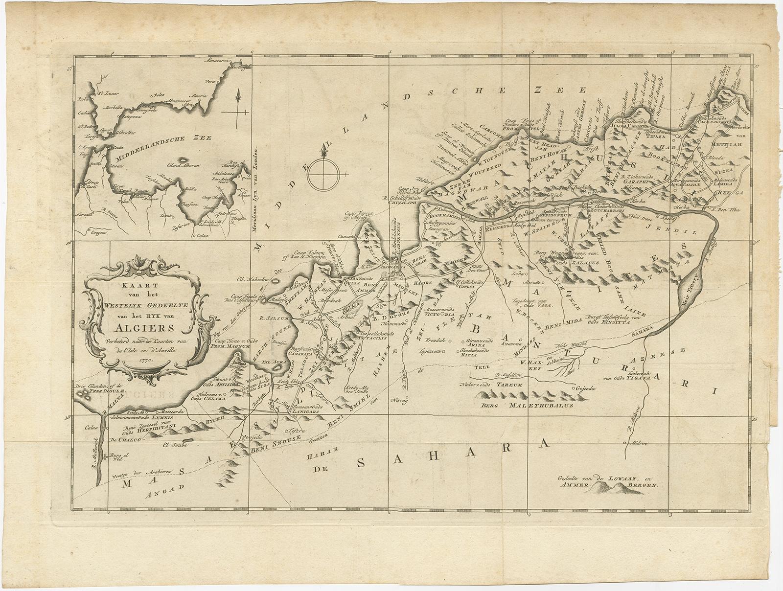 Antique map titled 'Kaart van het Westelyk Gedeelte van het Ryk van Algiers'. 

Old map of the western region of the Kingdom of Algiers, Algeria. Originates from the first Dutch editon of an interesting travel account of Northern Africa titled