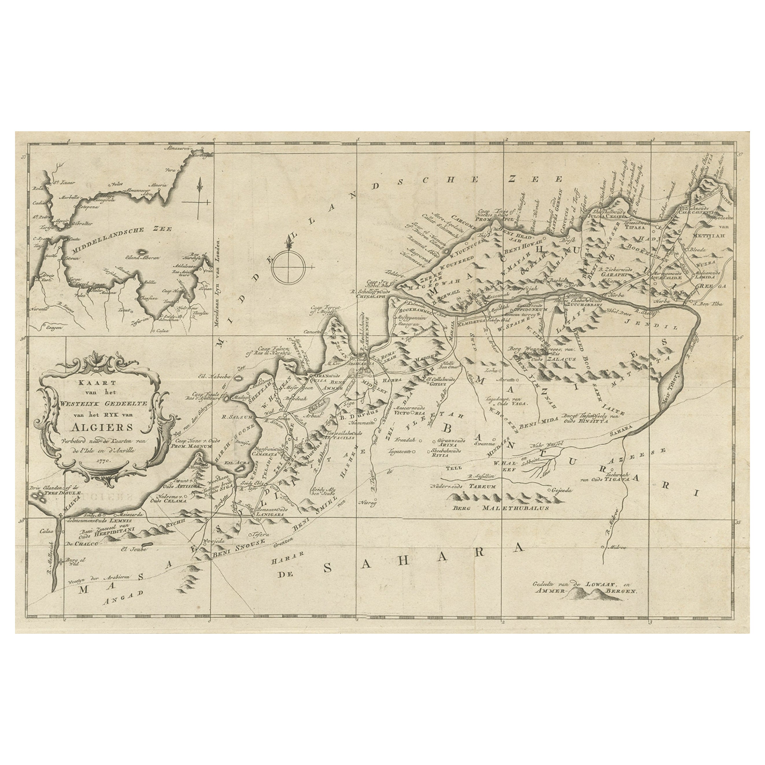 Carte ancienne de la région occidentale du Royaume-Uni d'Alger, en Algérie, 1773