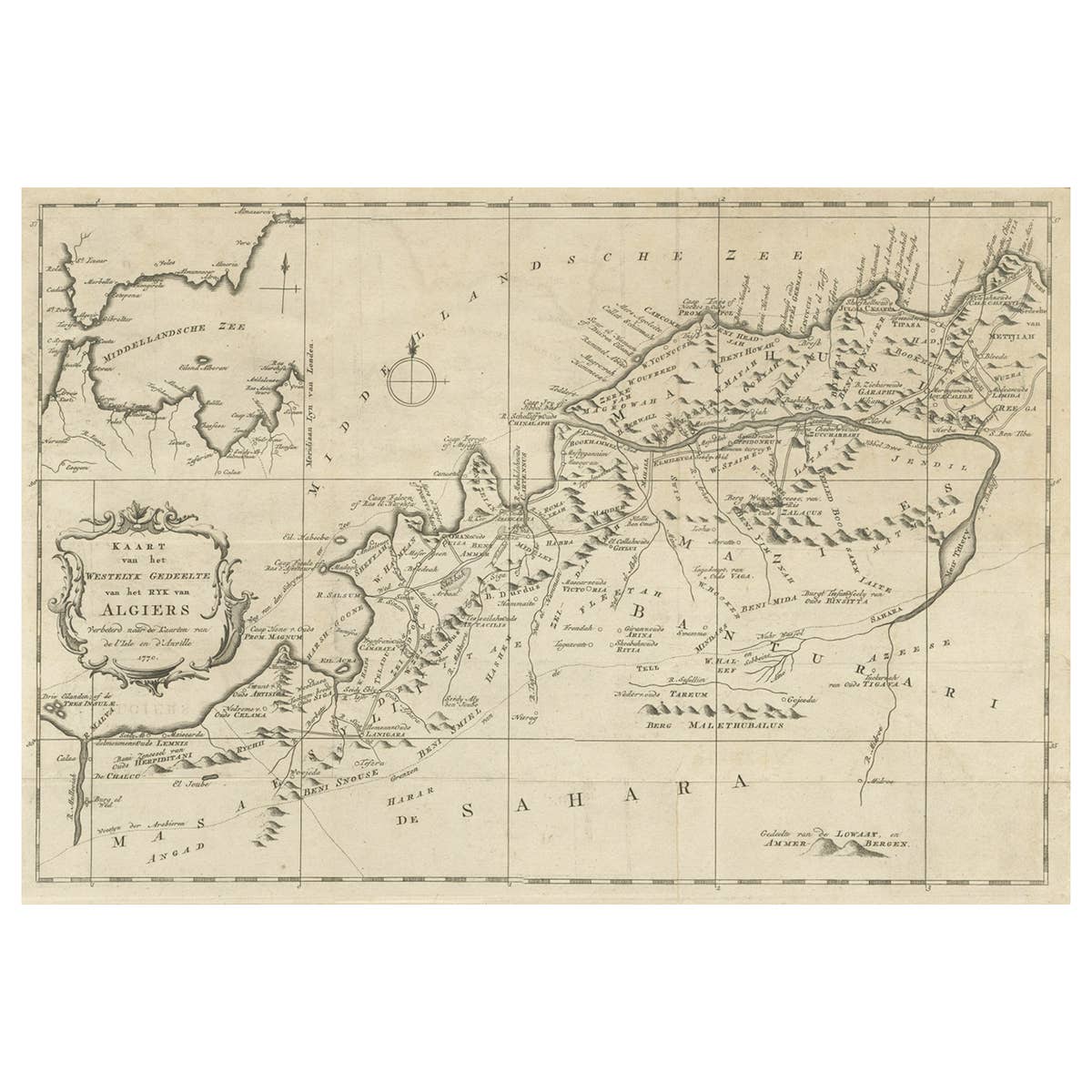 Old Map of the Western Region of the Kingdom of Algiers, Algeria, 1773