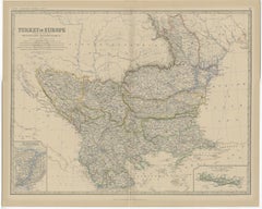 Old Map of Turkey in Europe, incl Romania, Servia, Montenegro & Bulgaria, 1882