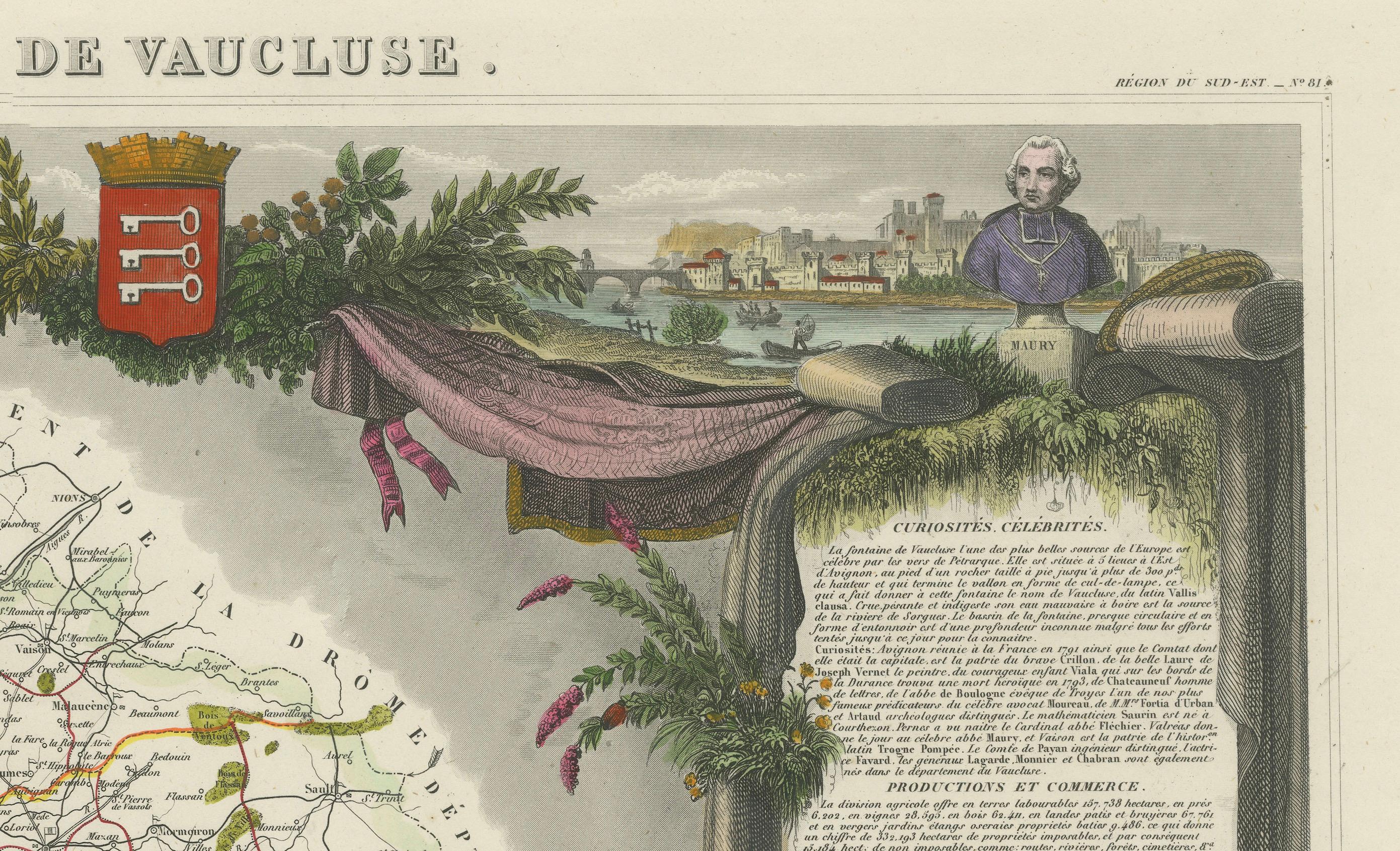 Old Map of Vaucluse, France : A Cartographic Celebration of Viticulture, 1852 Bon état - En vente à Langweer, NL