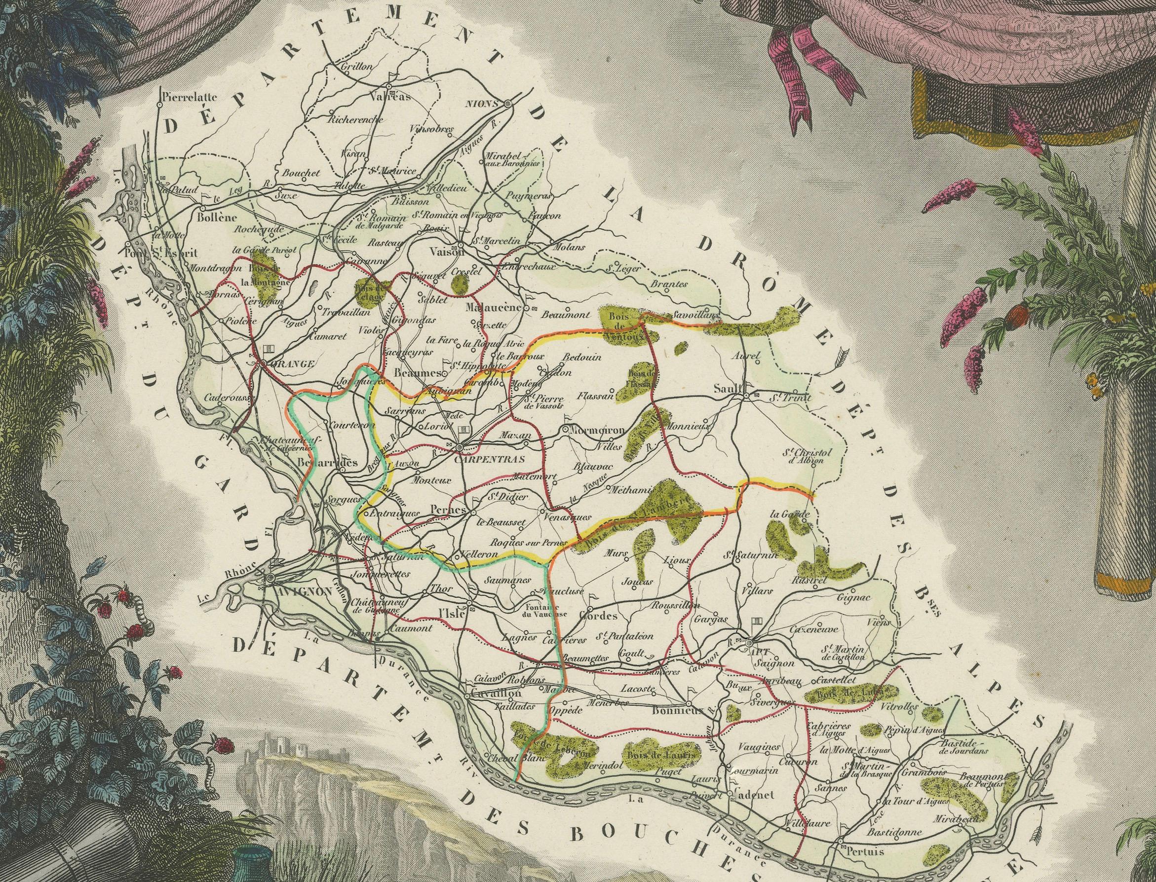 Old Map of Vaucluse, France: A Cartographic Celebration of Viticulture, 1852 For Sale 2