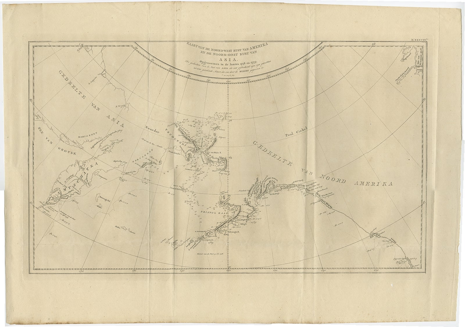 Description: Antique map titled 'Kaart van de Noord-West kust van Amerika en de Noord-Oost kust van Asia'. 

Antique chart depicting America's northwest coast and Asia's northeast coast. The tracks of the 1778 and 1779 exploration are shown, Cook