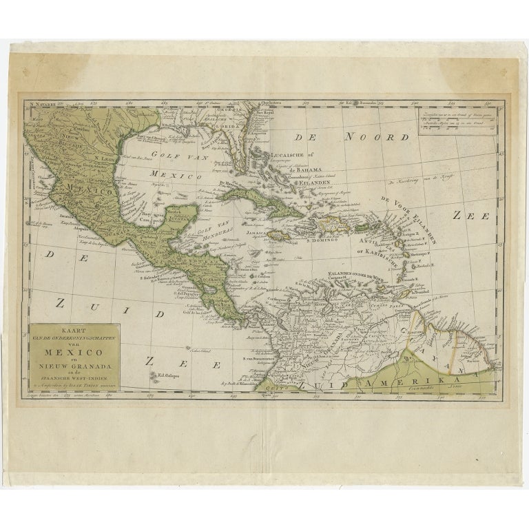 Antique map titled 'Kaart van de Onderkoningschappen van Mexico en Nieuw Granada in de Spaansche West-Indien'. Detailed map of Mexico, the Gulf of Mexico, the Caribbean and northern South America. There is considerable detail throughout and numerous