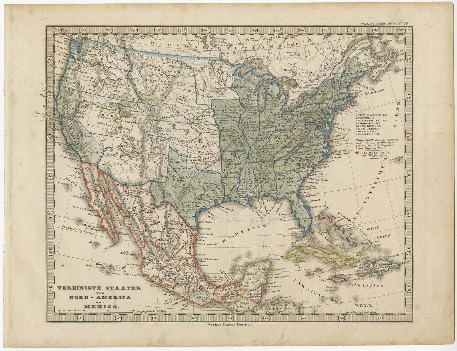 Antique map titled 'Vereinigte Staaten von Nord America und Mexico'. 

Old map the United States and Central America, including Mexico. This print originates from 'Stieler's Schul-Atlas'. 

Artists and Engravers: Adolf Stieler (26 February 1775