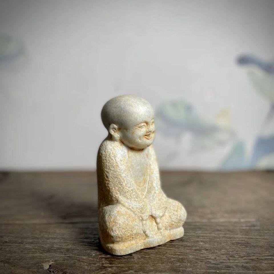 19th Century Old Marble Carving Young Sitting Monk Statue Holding Buddha Beads For Sale