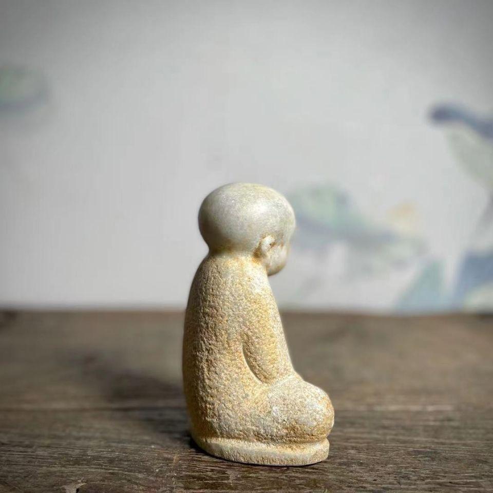 Old Marble Carving Young Sitting Monk Statue Holding Buddha Beads For Sale 1