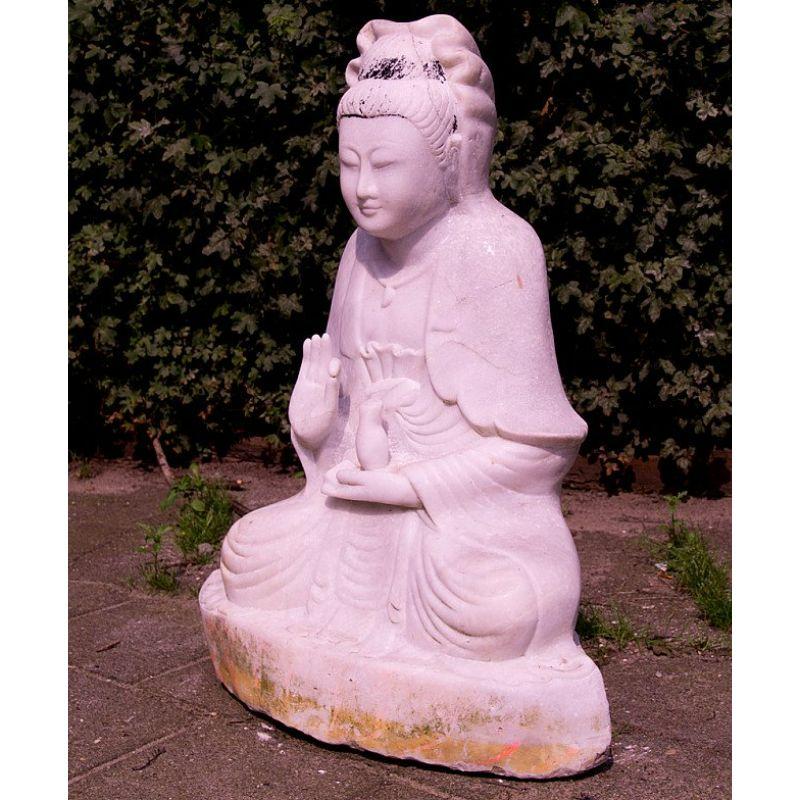 Material: marble
90 cm high 
62 cm wide and 32 cm deep
Vitarka mudra
Originating from Burma
Middle 20th century
Bought from a Chinese family in the city Mandalay in Burma.
 
 