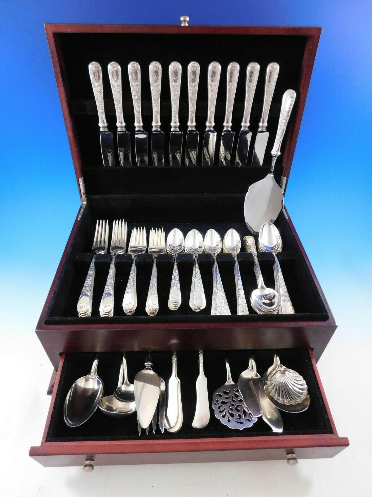 Monumental old Maryland engraved by Kirk sterling silver flatware set, 82 pieces. This set includes:

10 regular knives, 9