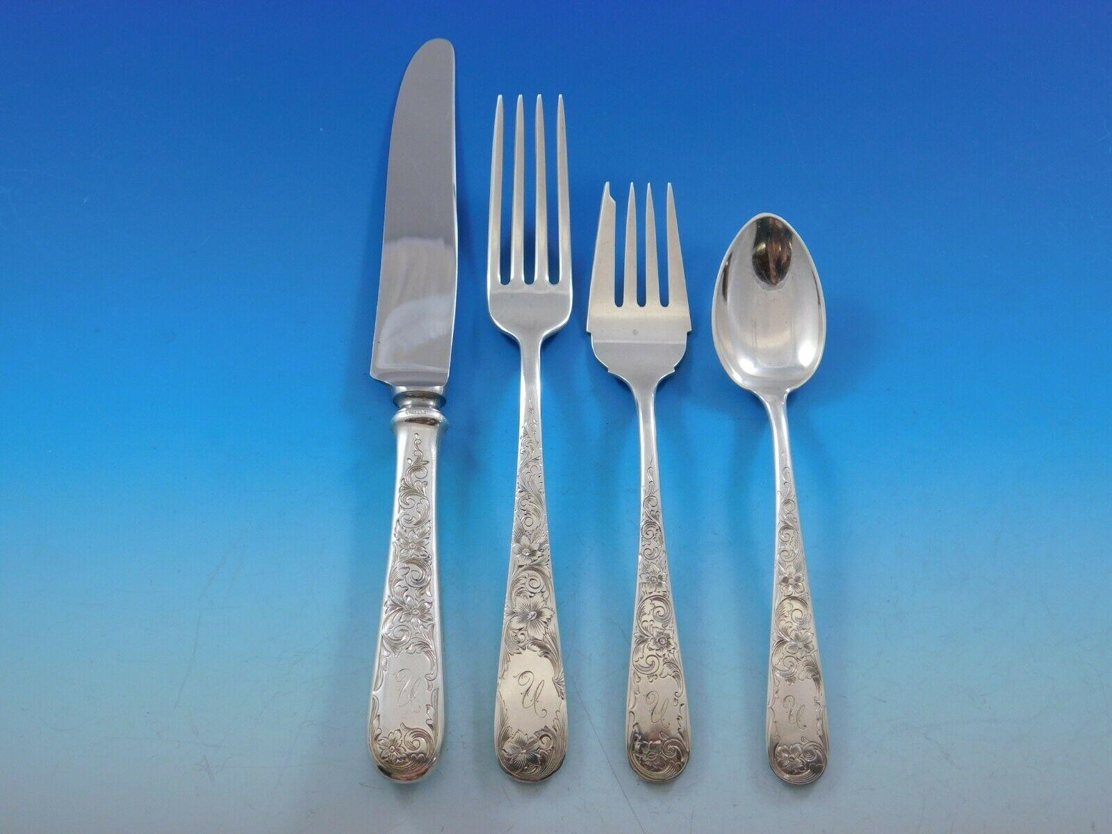 Old Maryland Engraved by Kirk Sterling Silver Flatware Service Set 82 Pc Mono N In Excellent Condition In Big Bend, WI