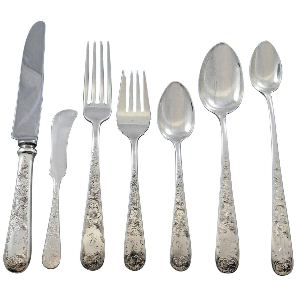 Old Maryland Engraved by Kirk Sterling Silver Flatware Service Set 82 Pc Mono N