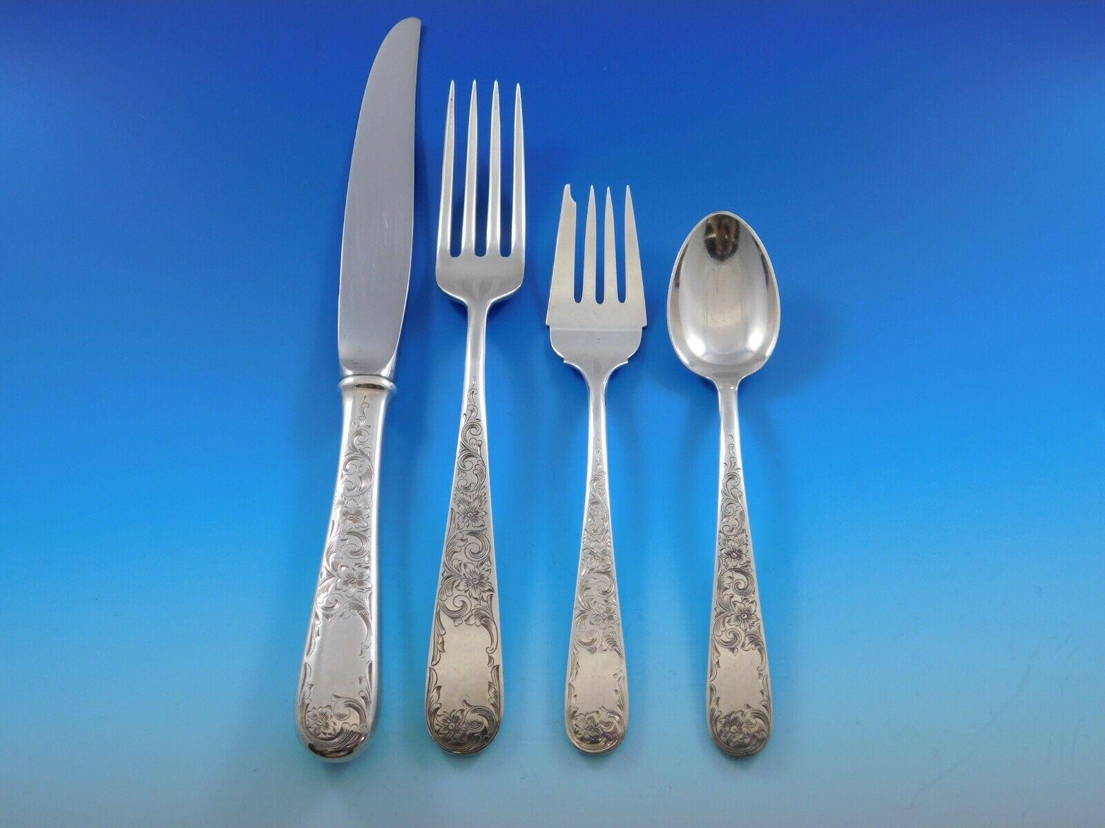Old Maryland Engraved by Kirk Sterling Silver Flatware Set Service 50 Pcs Dinner In Excellent Condition In Big Bend, WI