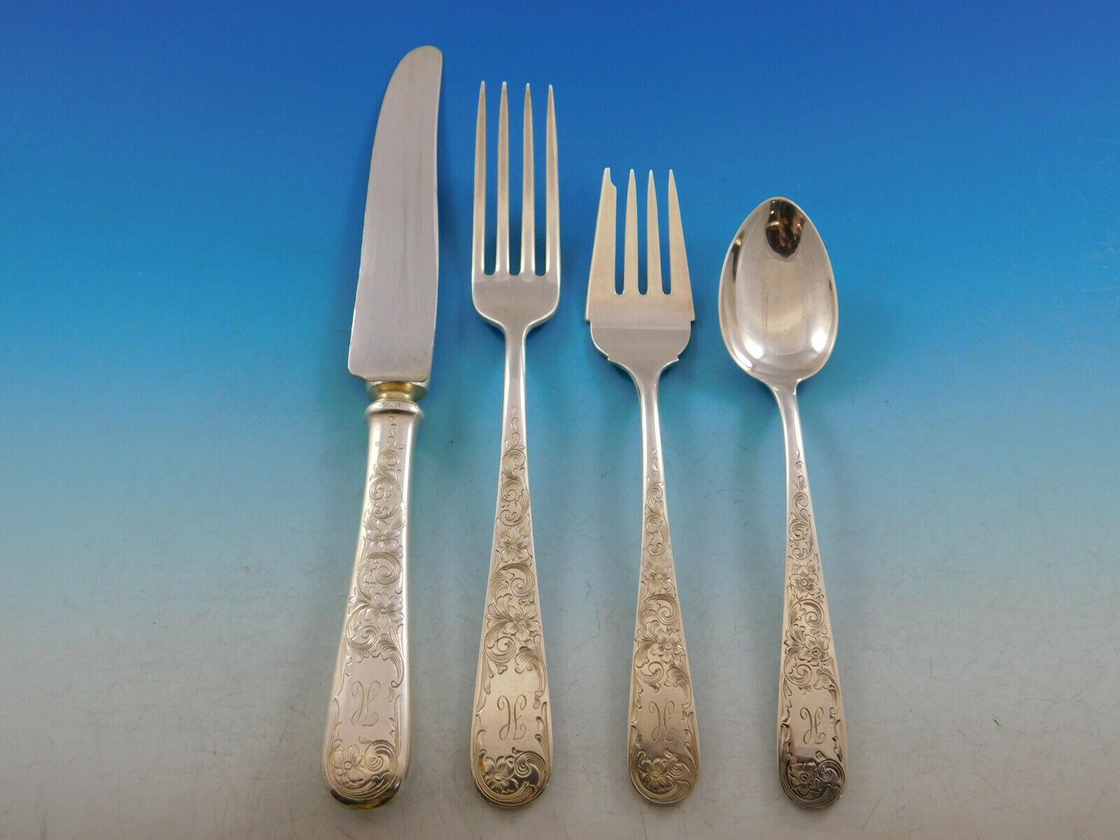Old Maryland Engraved by Kirk Sterling Silver Flatware Set Service 62 Pcs H Mono In Excellent Condition In Big Bend, WI