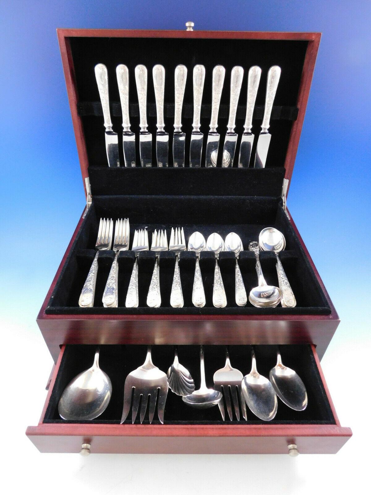 Stunning Old Maryland Engraved by Kirk sterling silver flatware set, 57 pieces. This set includes:

10 knives, 8 7/8