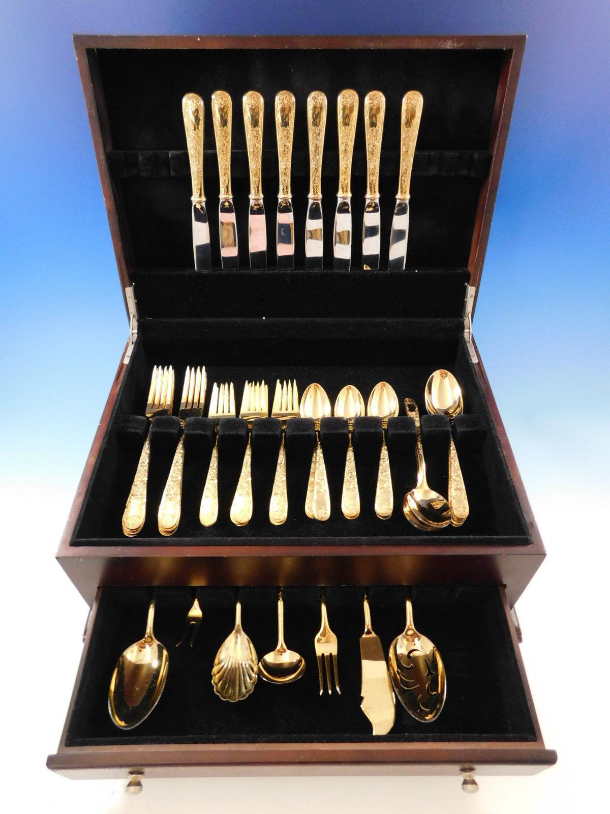 Old Maryland engraved by Kirk Vermeil (completely gold-washed) sterling silver flatware set, 47 pieces. This set includes:

Eight knives, 9