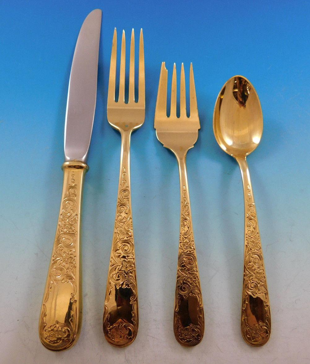 Old Maryland Engraved by Kirk Vermeil Sterling Silver Flatware Set Service 47 Pc In Excellent Condition For Sale In Big Bend, WI
