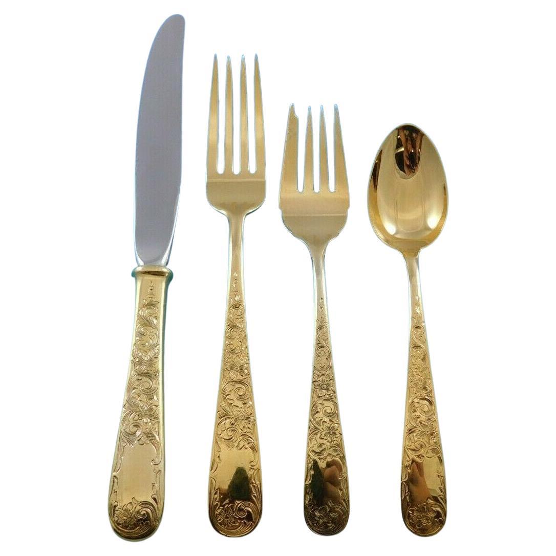 Old Maryland Engraved Gold Kirk Sterling Silver Flatware Service 12 Set Vermeil For Sale