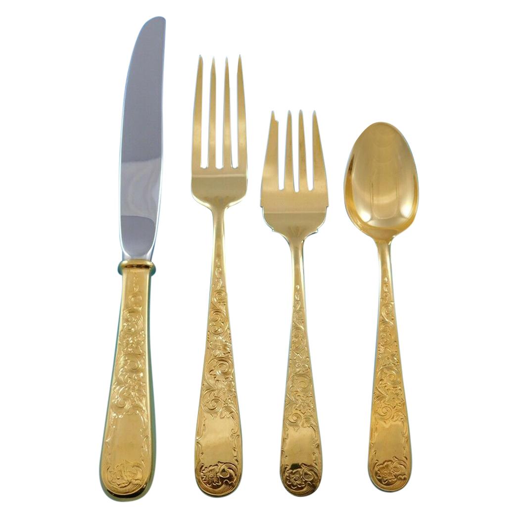 Old Maryland Engraved Gold Kirk Sterling Silver Flatware Service 6 Set Vermeil For Sale