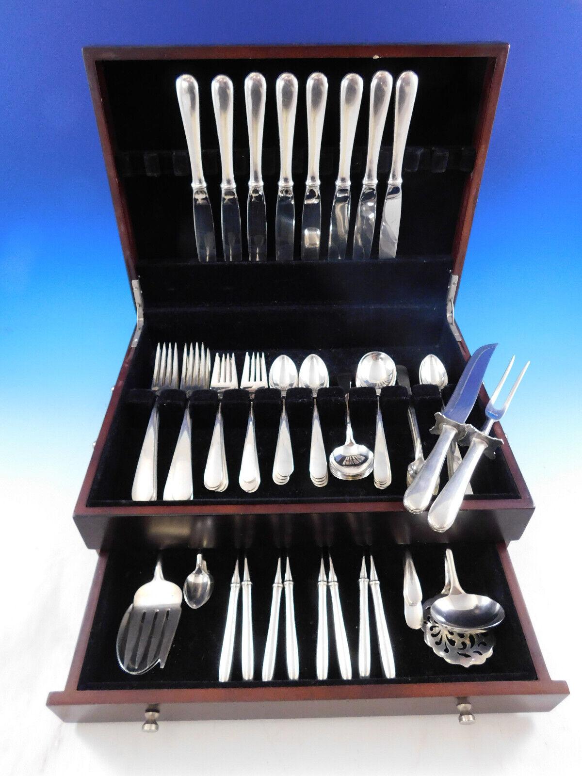 Dinner size Old Maryland plain by Kirk sterling silver flatware set - 74 pieces. This set includes:

8 dinner size knives, 9 5/8