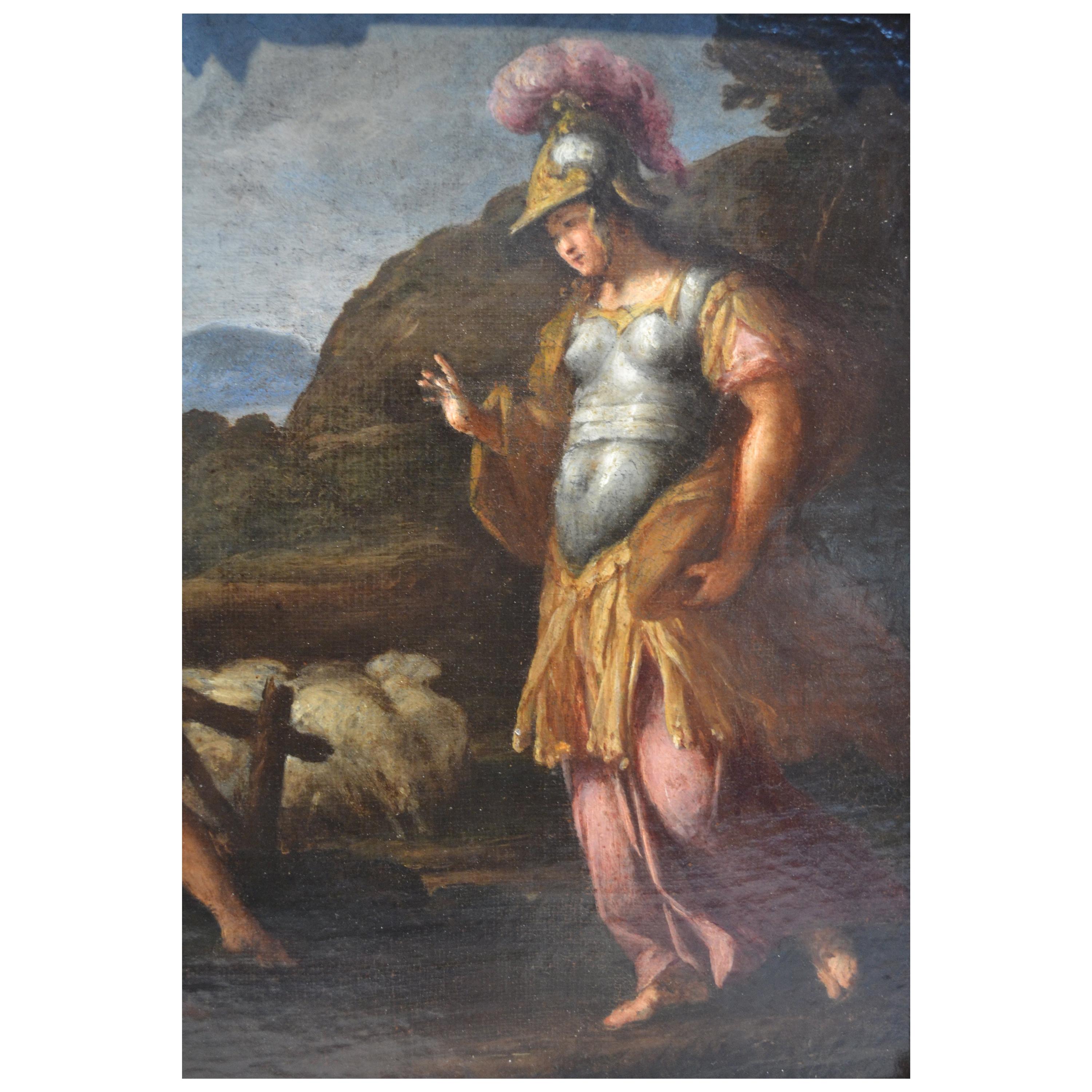 A  vollständig restauriertes kleines norditalienisches Barockgemälde auf Leinwand, das möglicherweise als Studie gemalt wurde (oder als sogenanntes Bozzetto zu einem größeren Auftragsgemälde) und Erminia und die Hirten darstellt. Das Gemälde wird in