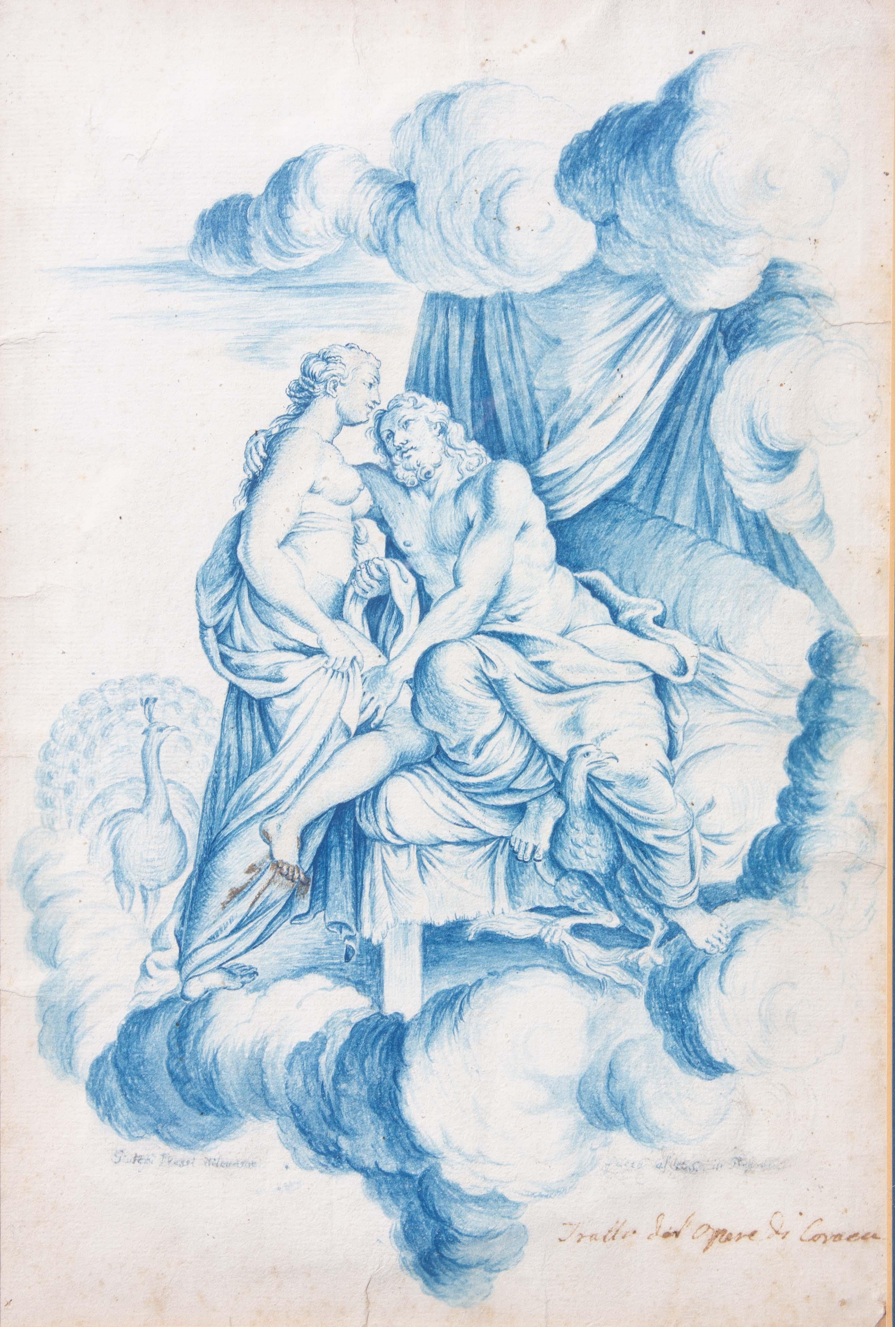 18th century very fine depiction of Hera and Zeus after the master work by Annibale Carracci, Jupiter et Junon. Vivid blue color wash on laid paper. Illegible inscription lower. Measures: 13 3/4