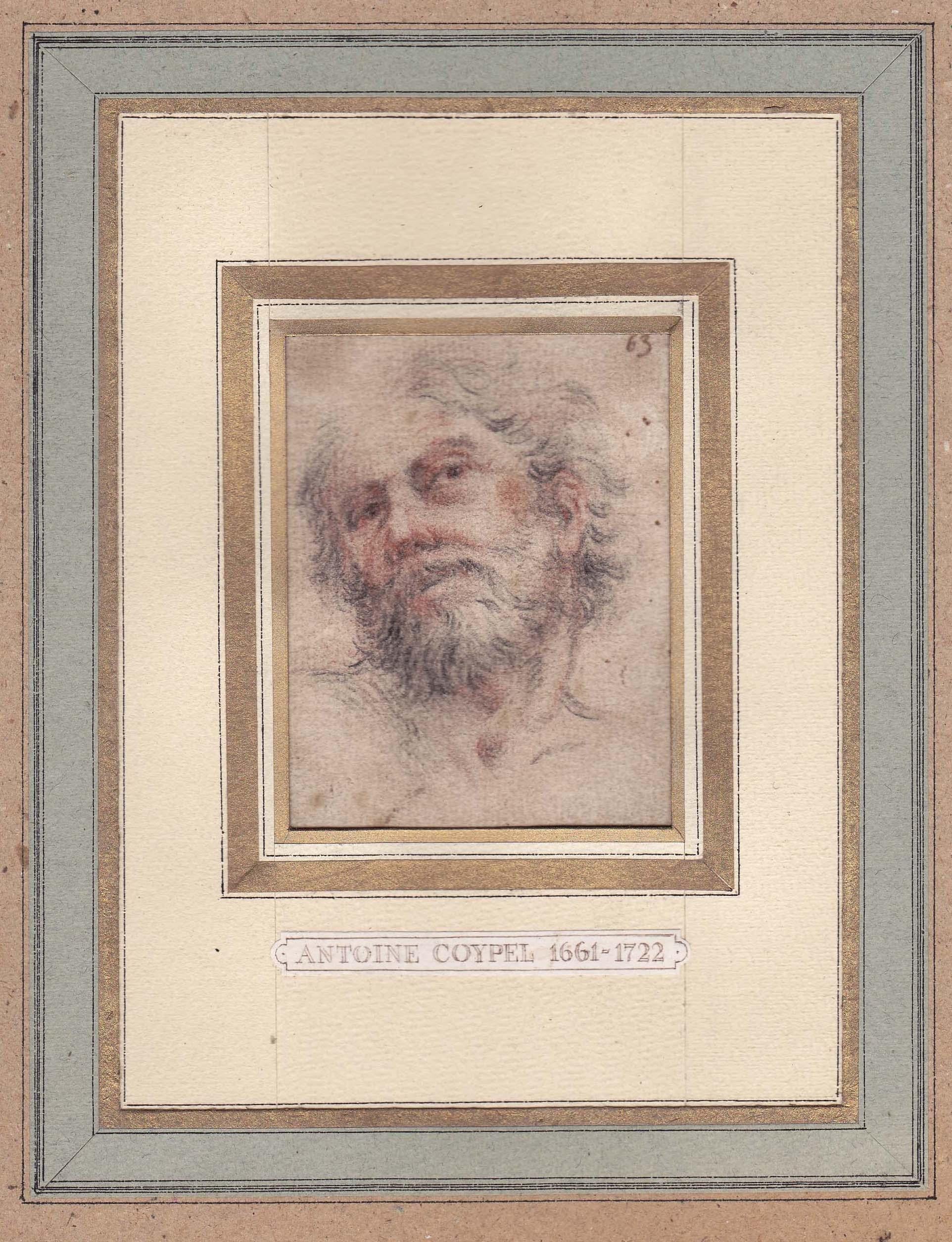 Old master drawing
Manner of Antoine Coypel (Paris 1661-1722)

Head of a bearded man

Black chalk heightened with red on laid paper.

Approximate measures: 3 1/2in. (9 cm.) x 2 3/4in. (7 cm.)

French matting with label
in a distressed gilt