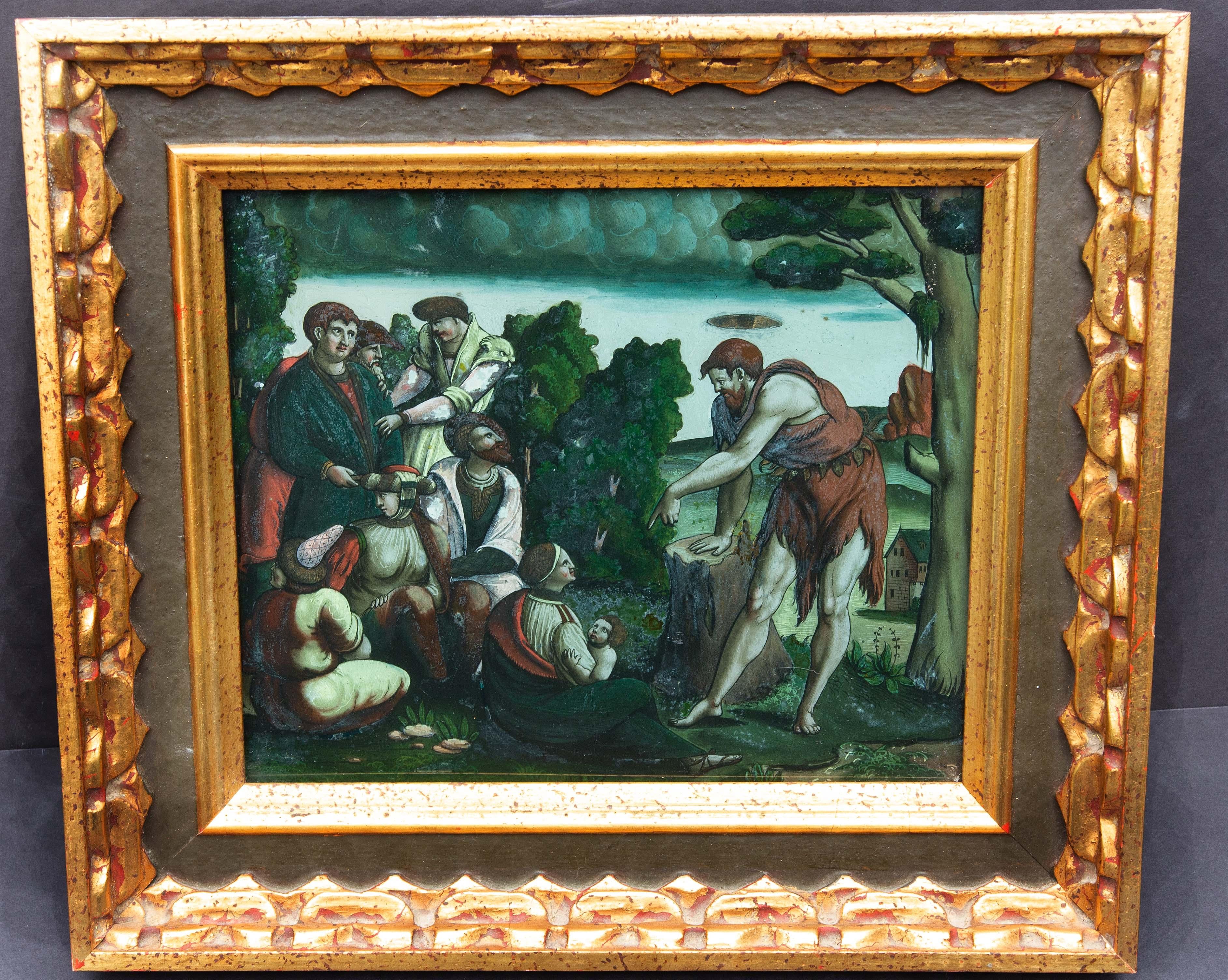 18th century continental eglomise painting of St John the Baptist preaching. Eglomise is a method of reverse painting on glass. In a good quality frame.