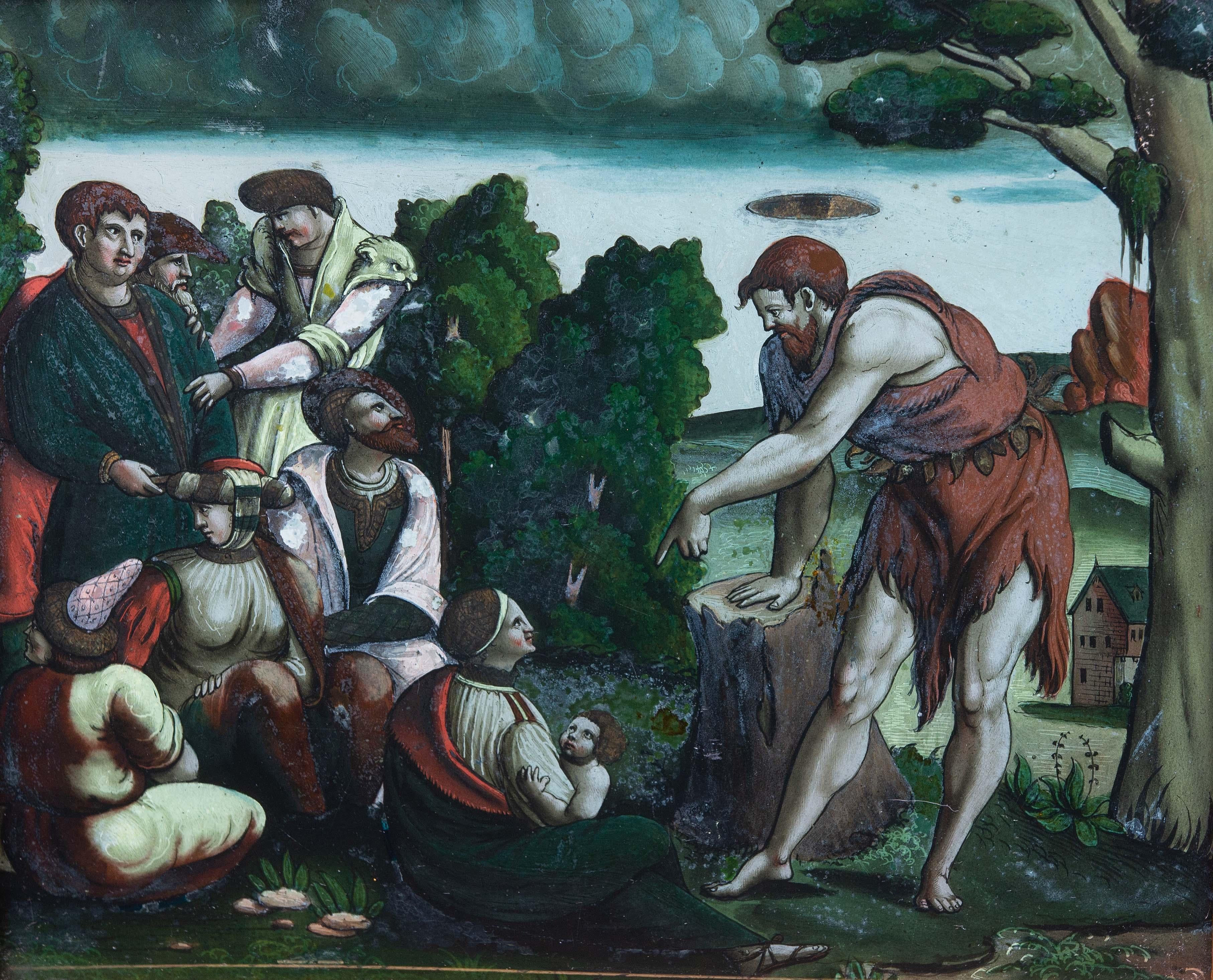 Pintura Eglomise del Viejo Maestro de San Juan Bautista Siglo XVIII Pintado a mano en venta