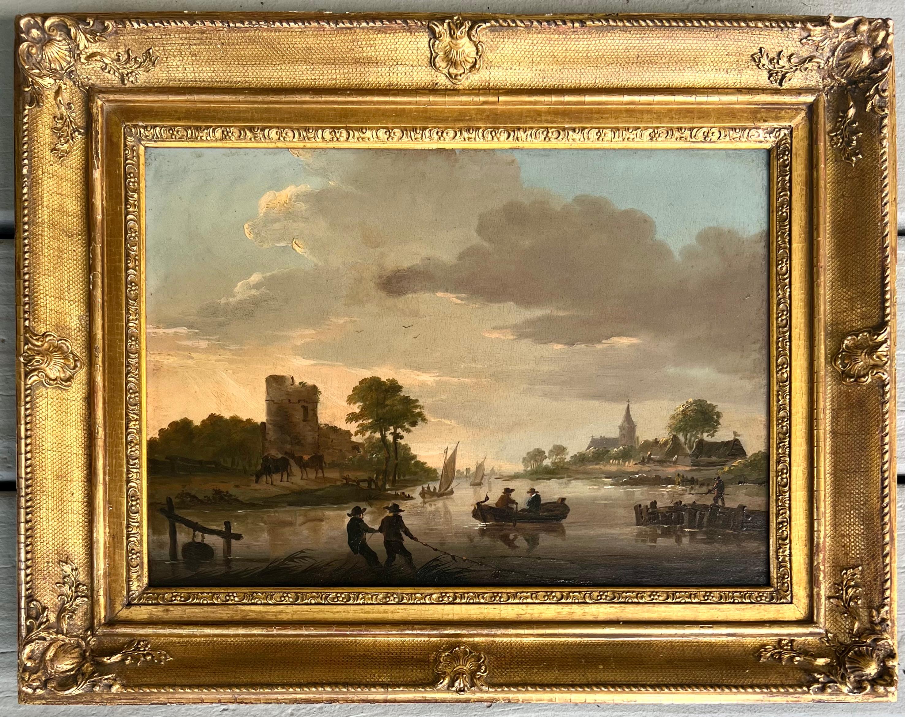 Oil on board old master painting of a village on the river at sunset.  I cannot find a signature.  The painting dates to the 18th century and is most likely Dutch or Flemish.  It presents beautifully in its gilt frame and has a very nice luminous