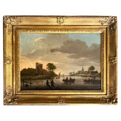 Antique Old Master "Evening on the River" Painting Dutch School