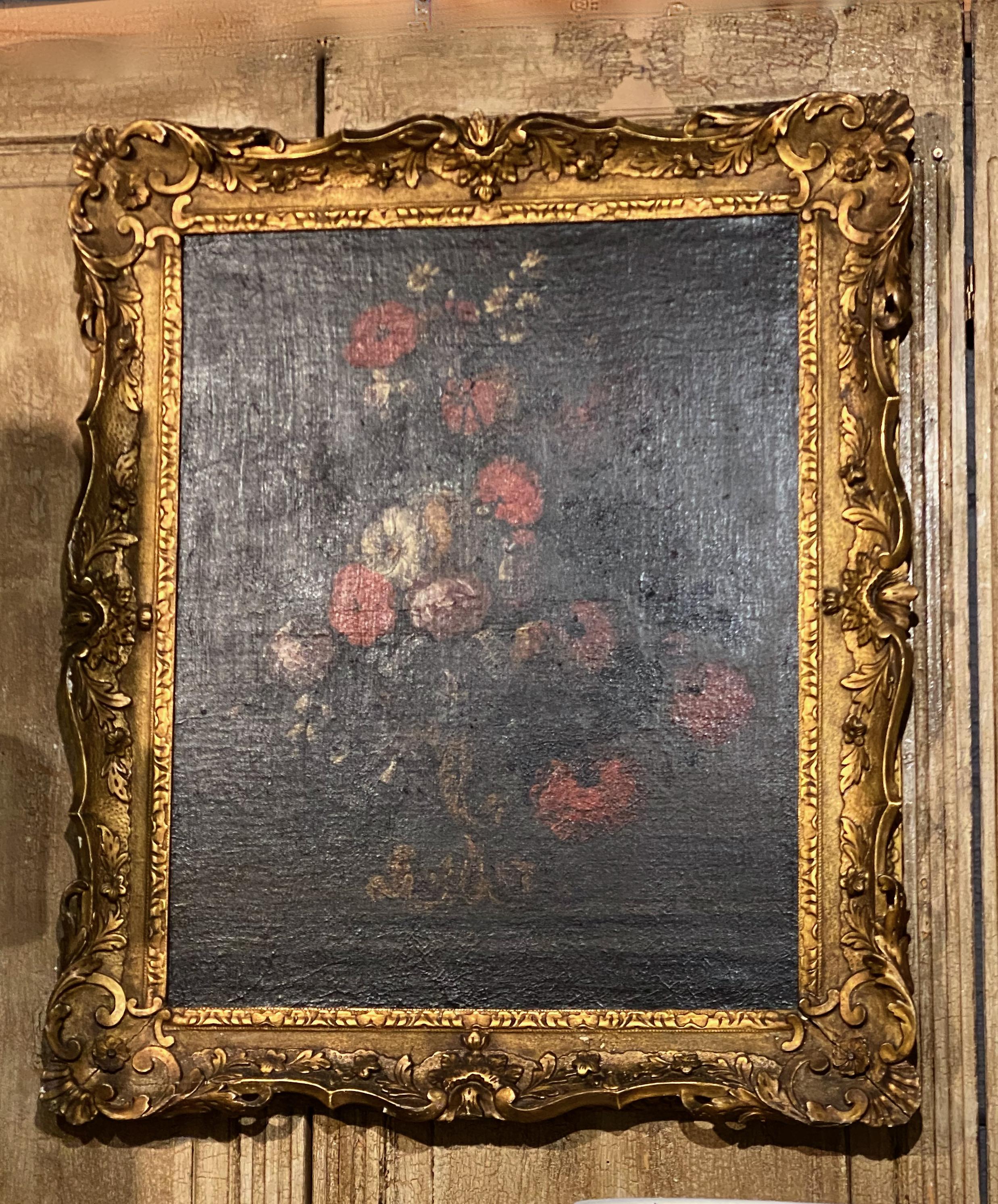 Dies ist ein klassisches italienisches Blumenstillleben des späten 17. Jahrhunderts. Obwohl das Gemälde nicht signiert ist, weist es alle Merkmale eines Meistermalers auf. Das Gemälde und der Originalrahmen sind für ihre mehr als 300 Lebensjahre in