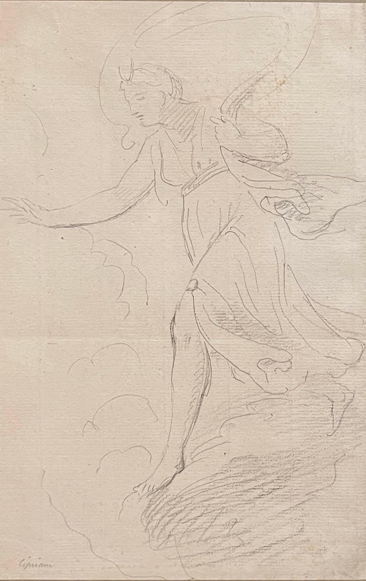 A framed Baroque pencil study for a Diana and Endymion composition attributed to Giovanni Battista Cipriani

Attributed to Giovanni Battista Cipriani
Probably London, England; third quarter of the 18th century
Pencil on laid paper; matted and