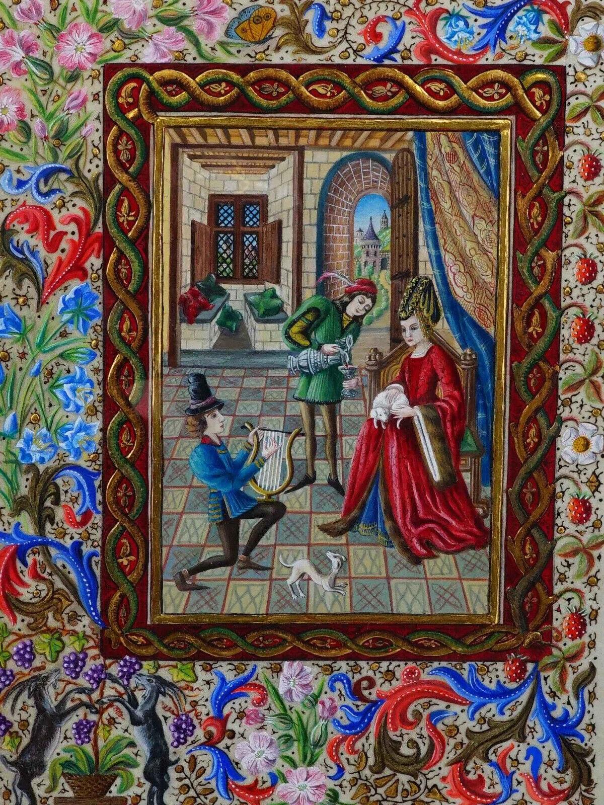 Ein Gemälde in altmeisterlicher Manier mit gemischten Medien auf Papier, das eine Genreszene im Inneren eines Schlosses darstellt. Das Gemälde ist mit einem handgemalten Rahmen mit Tier-, Blumen-, Laub- und Blattrollenornamenten und Vergoldung