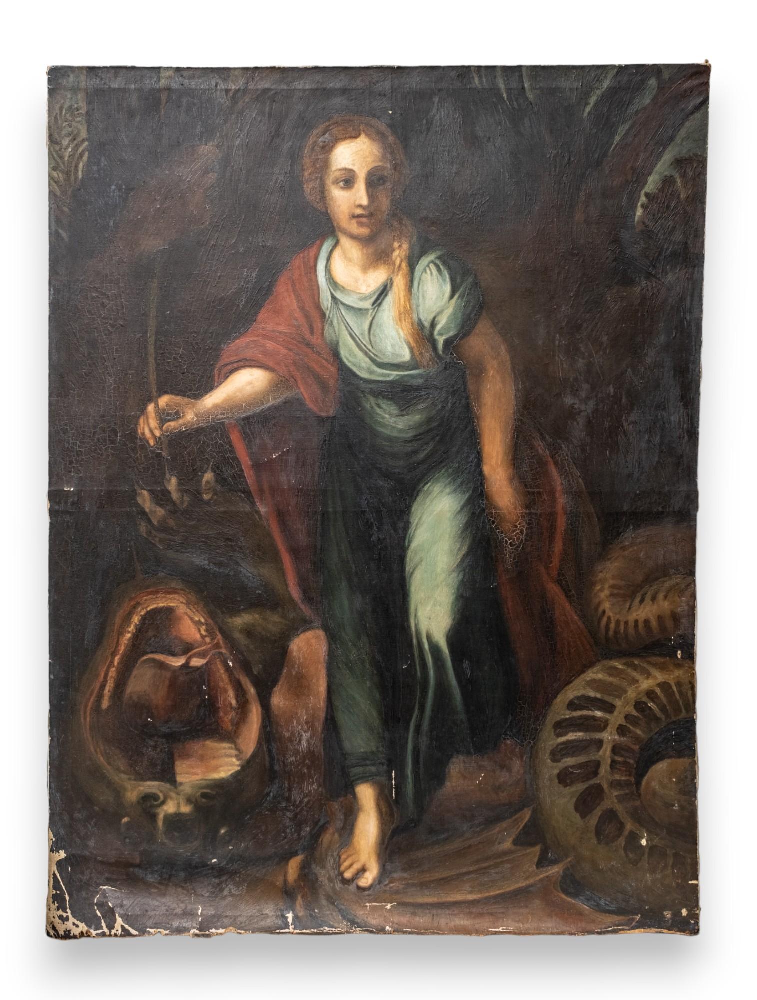Saint Margaret slaying the dragon oil on canvas painting and attributed to Giulio Romano. This painting is similar to one in the Louvre collection that was attrib to Giulio Romano. 
Provenance: Purchased in France by collector