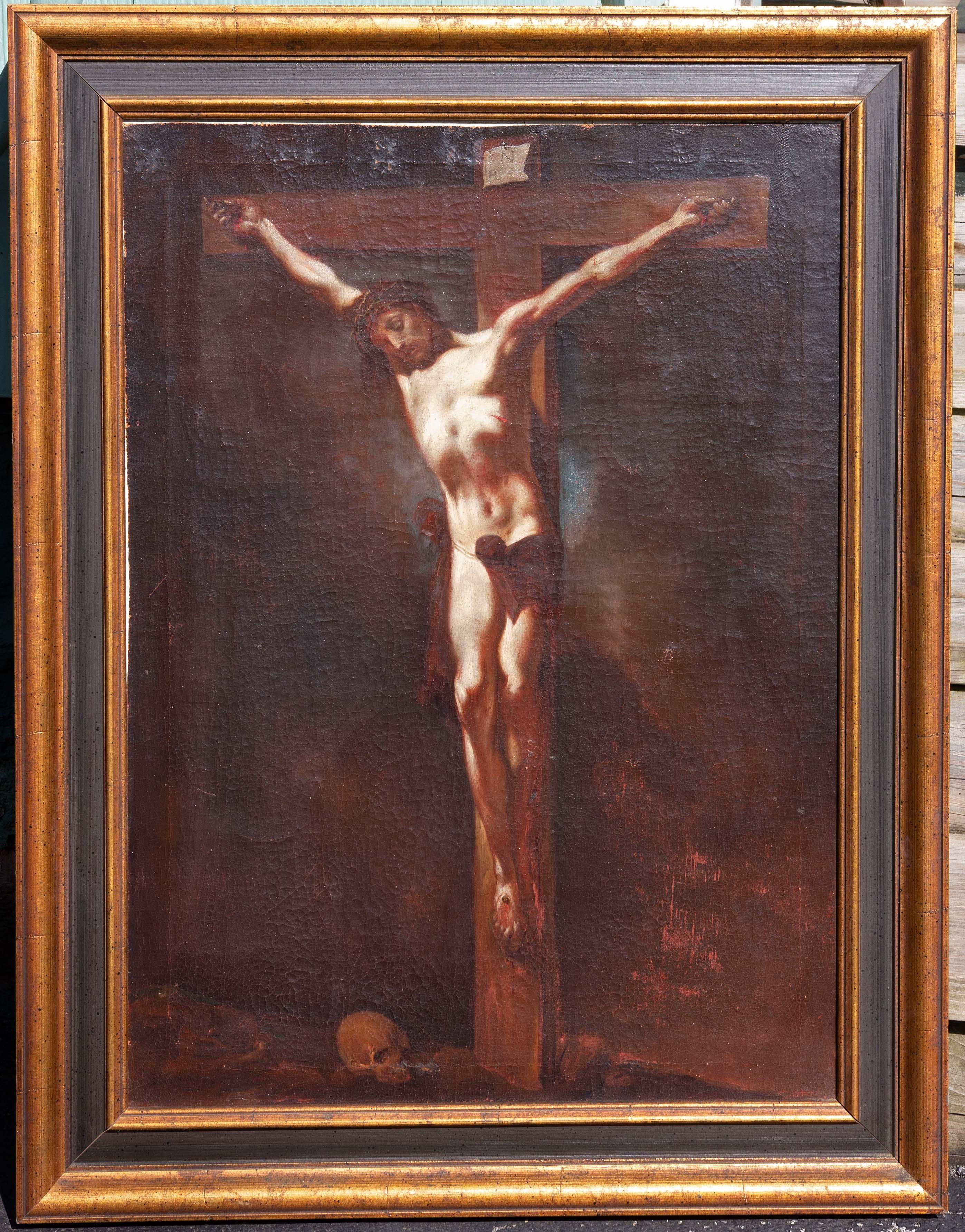 The crucifixion of Crist Italian school 17th or 18th century. Beautiful detail in the face and hands. The lighting makes the figure of Crist seem to glow. In a good quality later frame. 
Presented.


