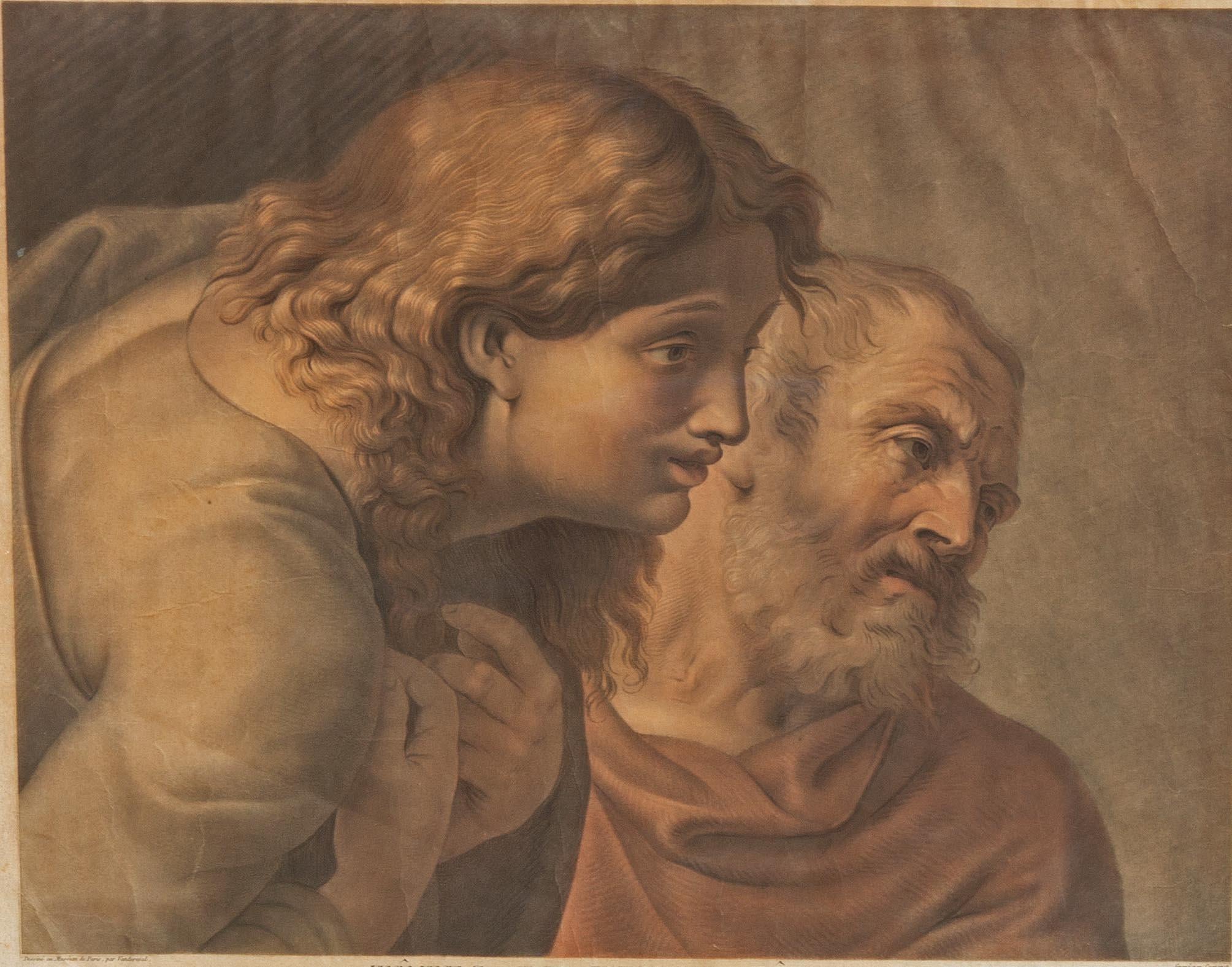 Early 19th century print on laid paper. Two apostles after Raphael (Raffaello Sanzio da Urbino). Good color. Some subtle wrinkles to the paper. Framed. 