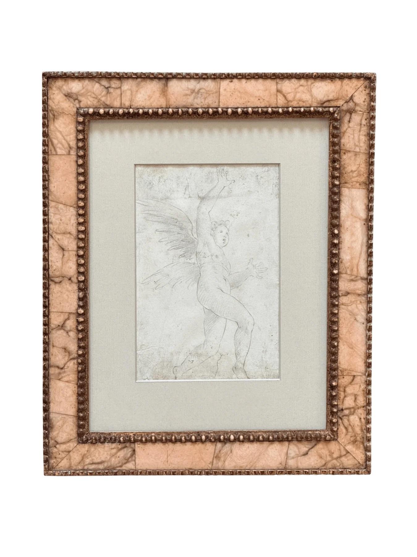 Altmeisterliche Skizze, die Ippolito Andreasi (Italiener, 1548-1608) zugeschrieben wird Engel mit erhobenen Armen schwarze Kreide auf Papier 7 x 4 5/8 Zoll. Bilbao Typ Marmor und geschnitzten Rahmen. 13