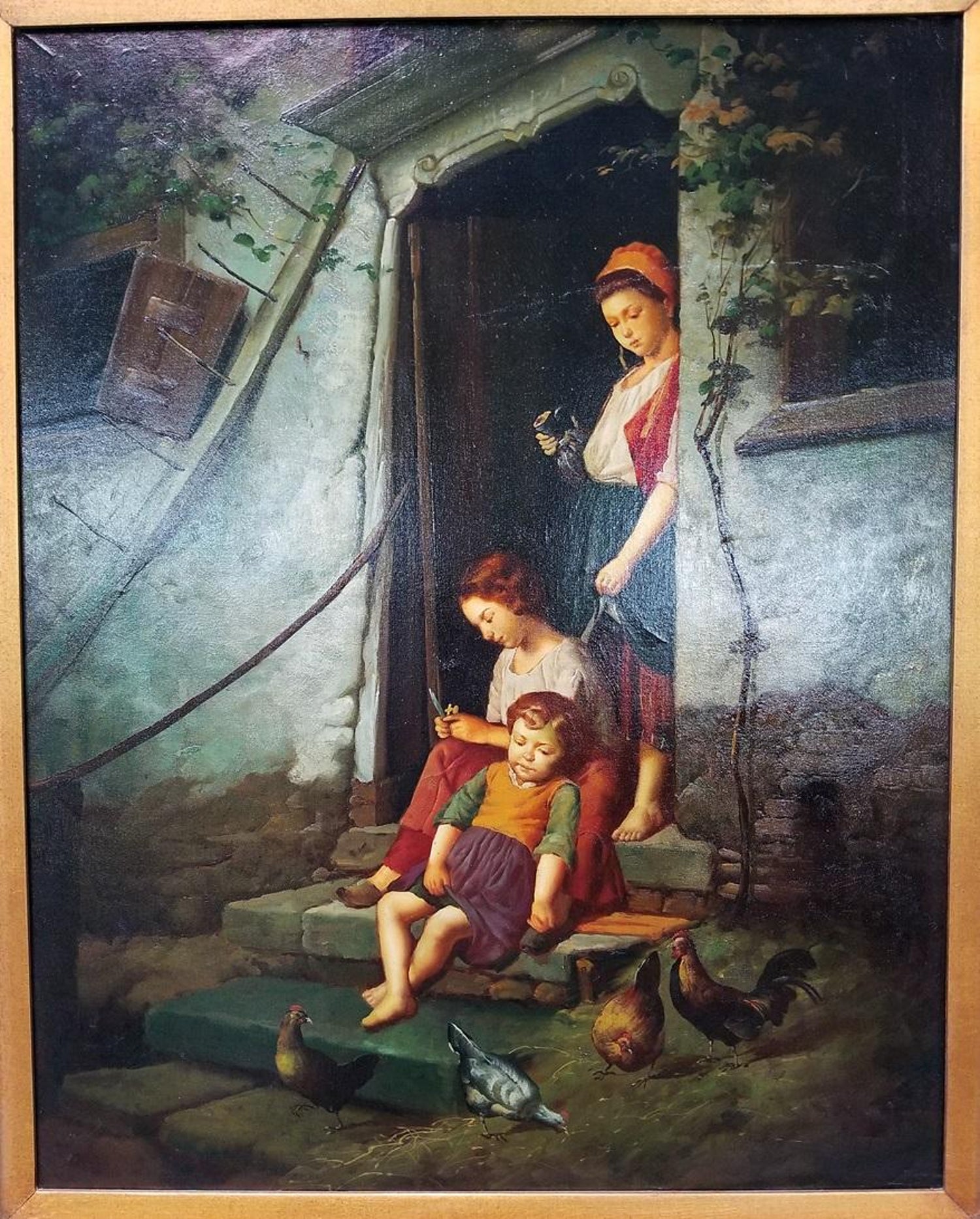 Old Master Style Oil On Canvas Of Mother Children And Poultry For