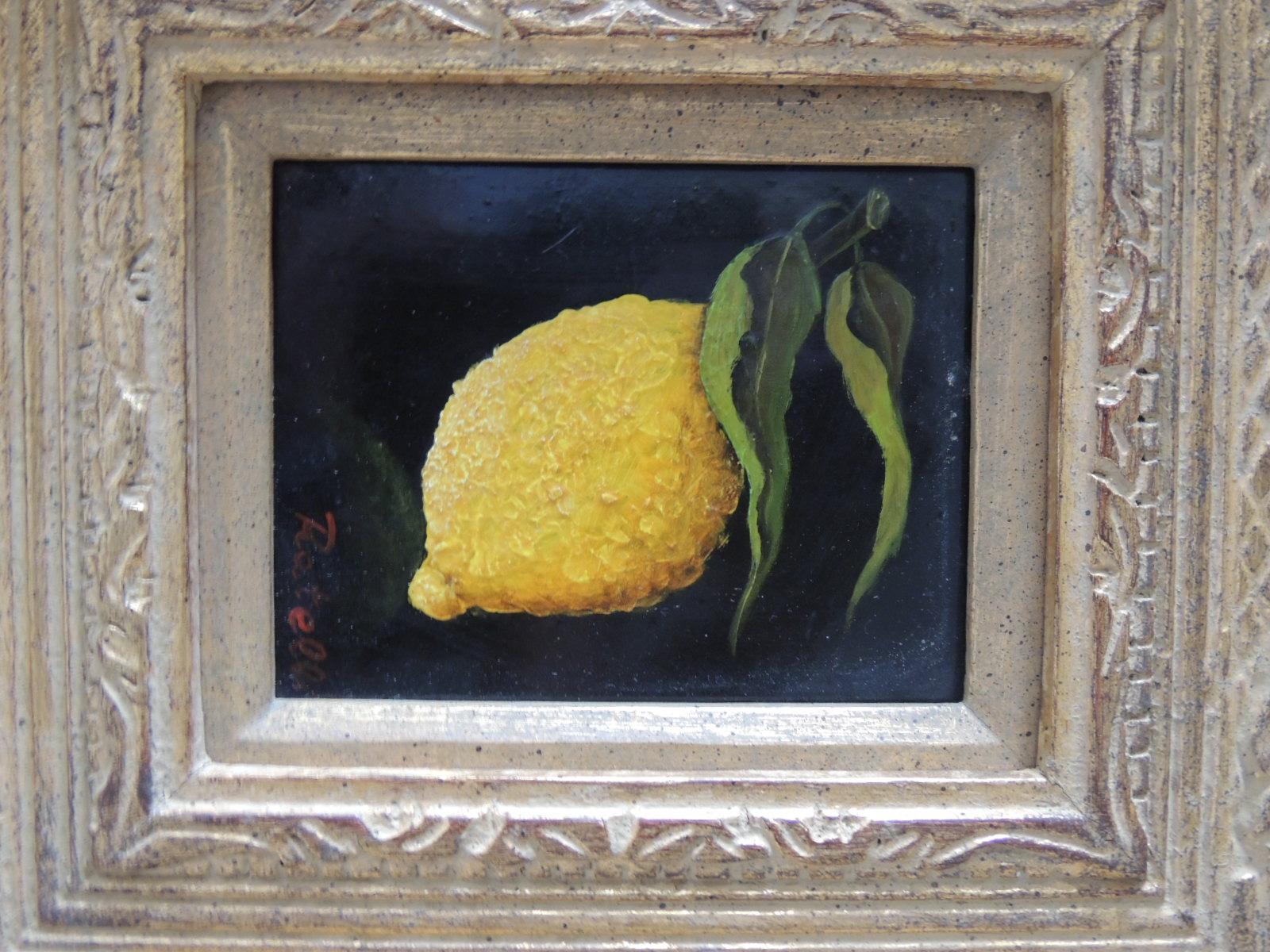 Baroque Revival Old Master Style Oil Painting of Lemon on Gold Leaf Carved Wood Frame